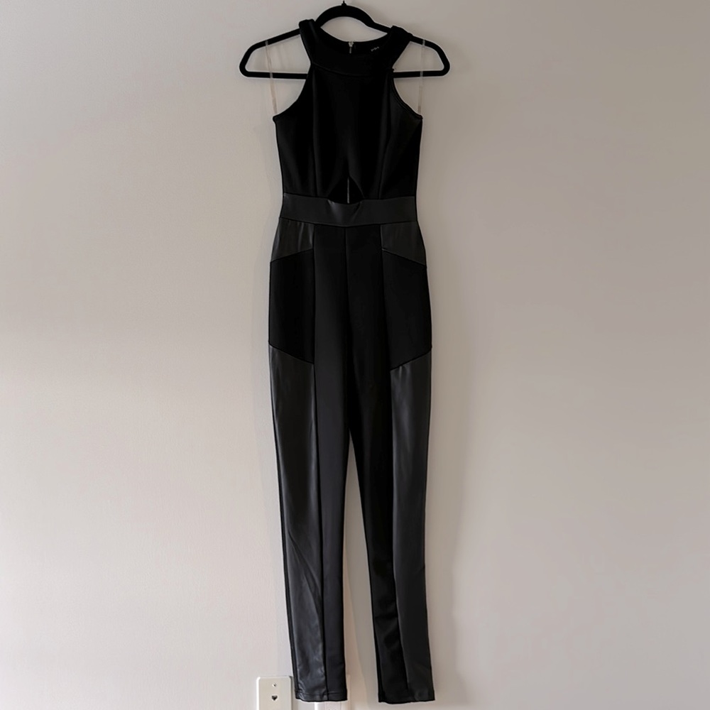 Black stretch faux leather jumpsuit